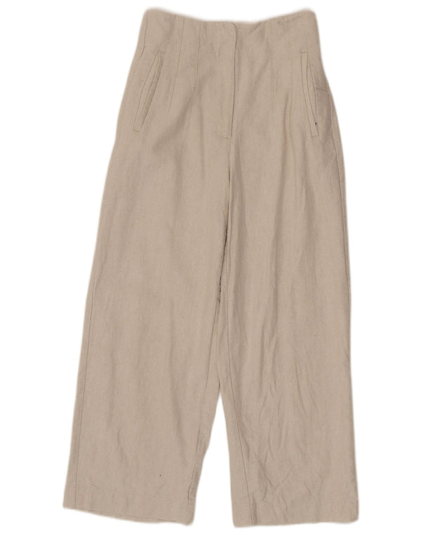 Calça feminina Zara cintura alta perna larga cortada pequena W26 L24 algodão bege