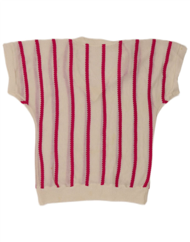 Suéter feminino vintage com decote em V UK 12 listrado branco médio