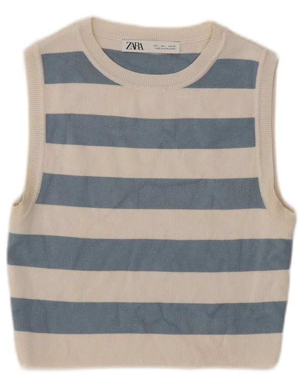 Top curto feminino sem mangas Zara Reino Unido 14 grande viscose listrada azul