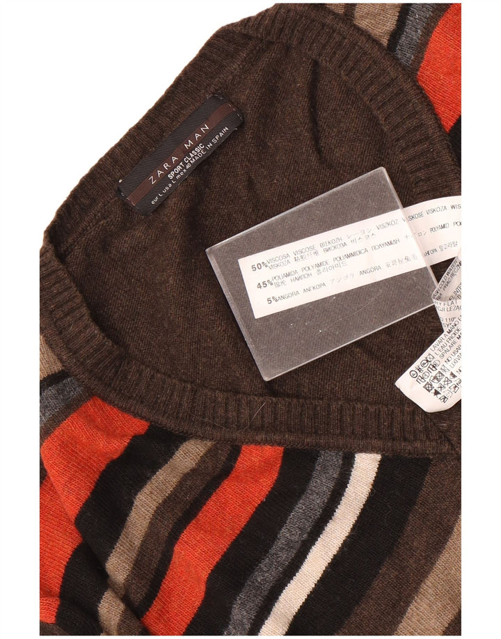 Suéter masculino Zara com decote em V, grande viscose listrada marrom