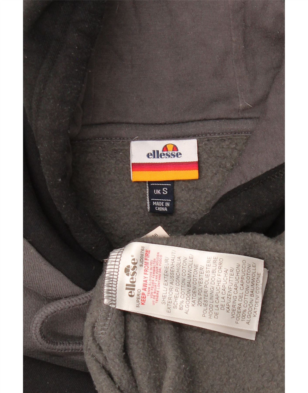 ELLESSE Mens Graphic Hoodie Jumper Small Grey Colourblock Cotton Vintage Ellesse and Second-Hand Ellesse from Messina Hembry 
