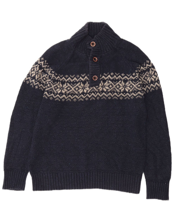 Suéter masculino Fat Face com botão e pescoço grande azul marinho Fair Isle algodão