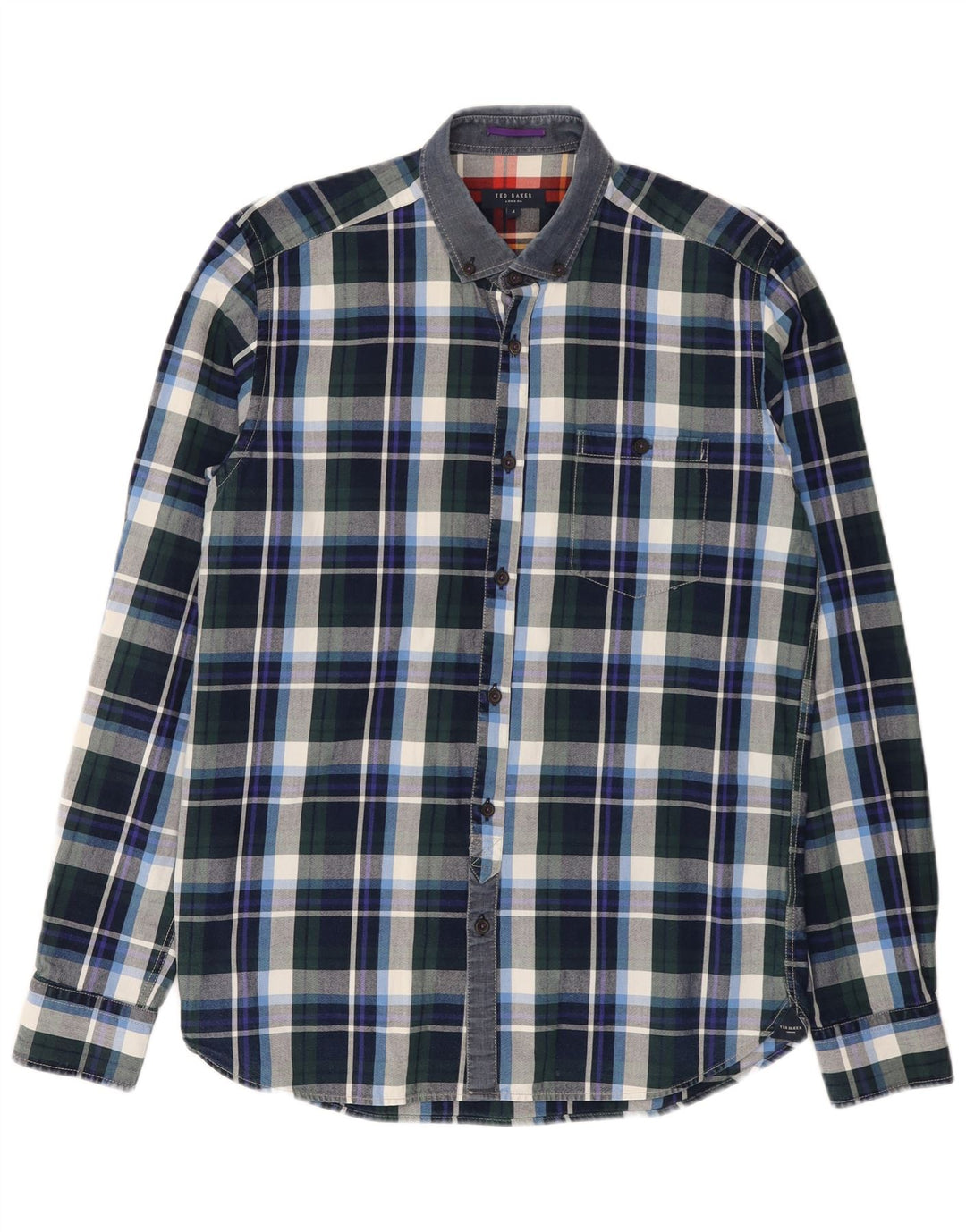 Camisa masculina Ted Baker tamanho 4 grande algodão xadrez azul marinho