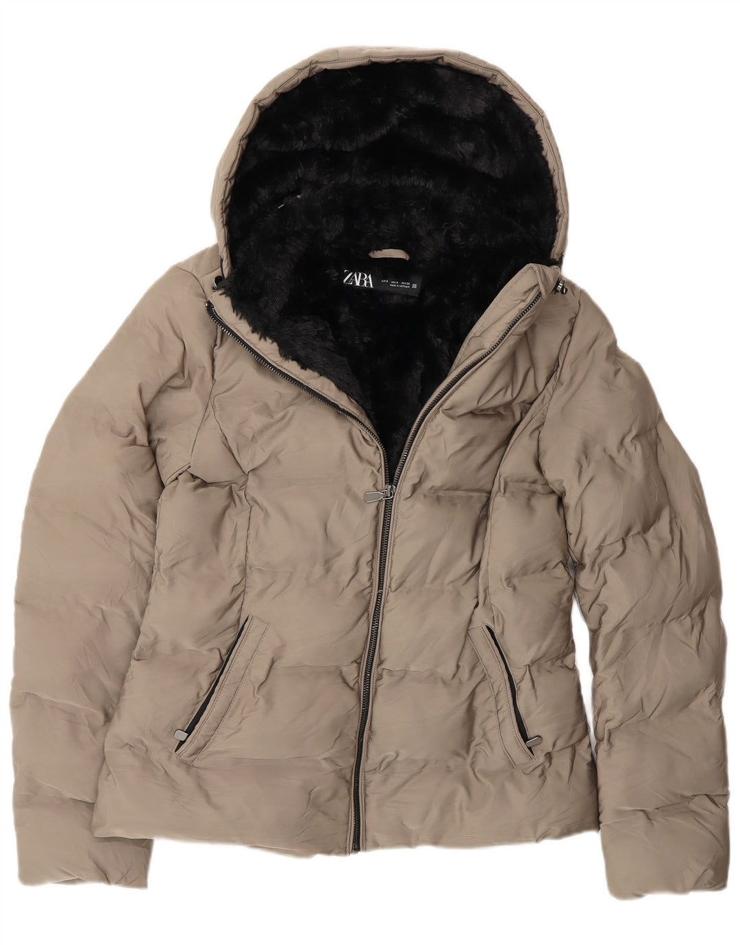 Zara Jaqueta feminina com capuz Sherpa acolchoada UK 10 poliéster cinza pequeno
