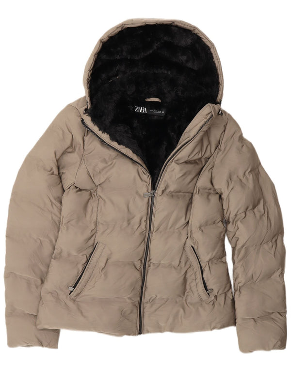 Zara Jaqueta feminina com capuz Sherpa acolchoada UK 10 poliéster cinza pequeno