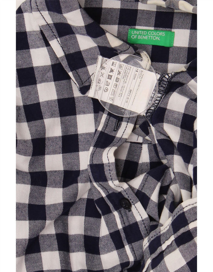 Camisa feminina de flanela longline Benetton UK 10 pequena azul marinho guingão