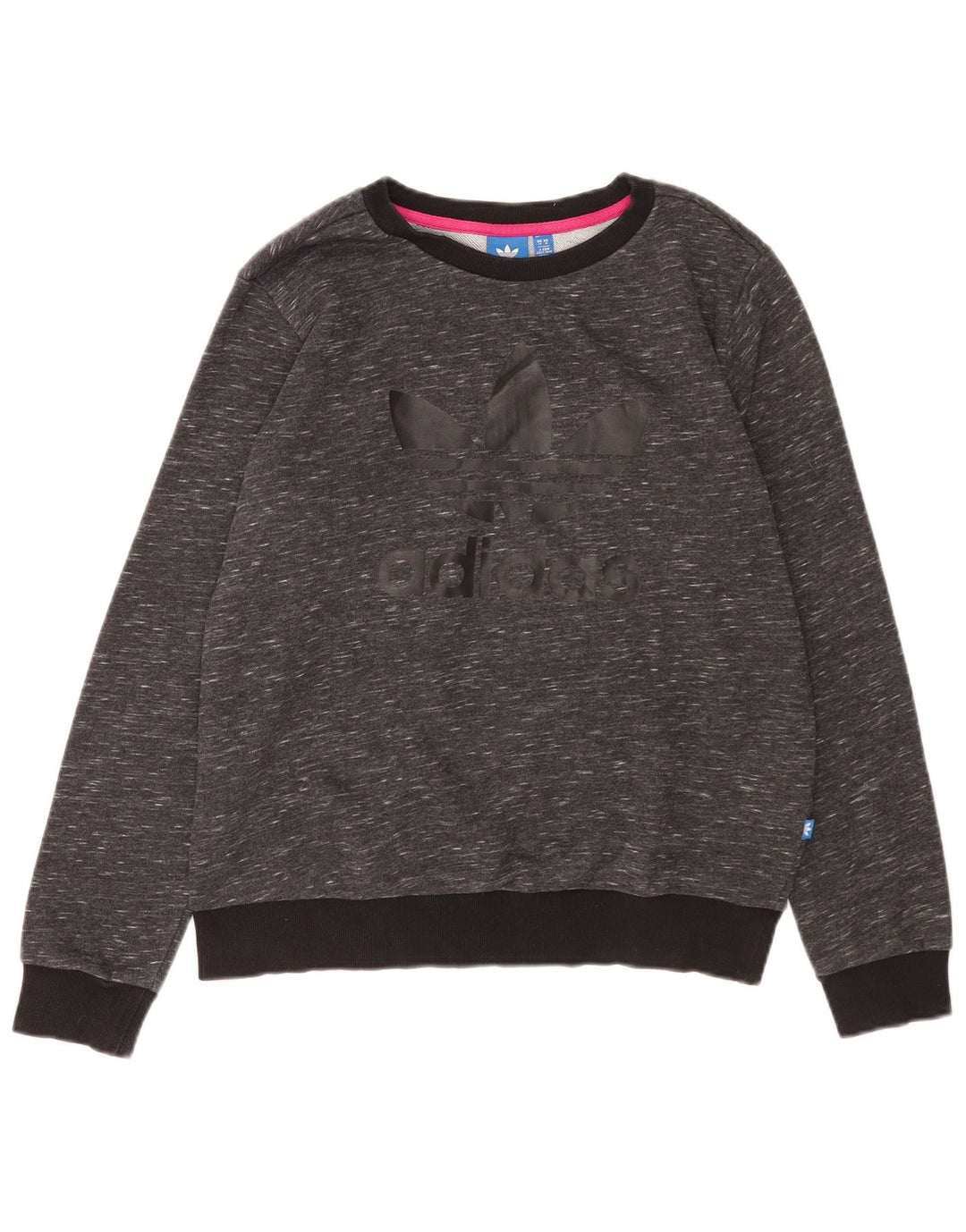 Adidas feminino gráfico moletom jumper UK 14 médio cinza manchado algodão