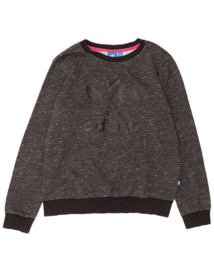 Adidas feminino gráfico moletom jumper UK 14 médio cinza manchado algodão