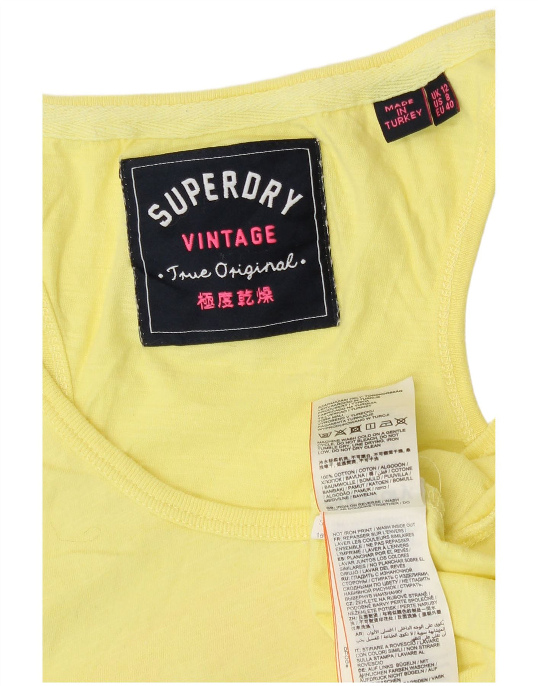 Top de colete gráfico feminino Superdry UK 12 algodão amarelo médio
