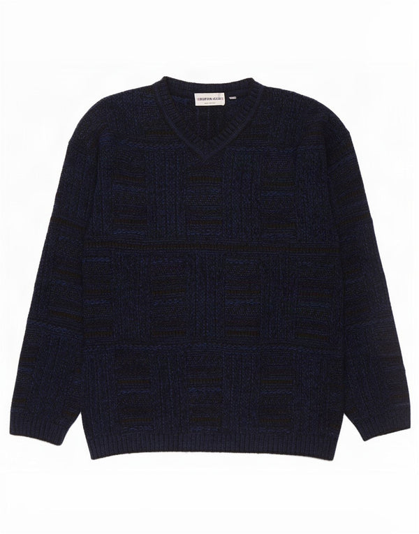 Enara Maglie Suéter masculino com decote em V grande acrílico xadrez azul marinho