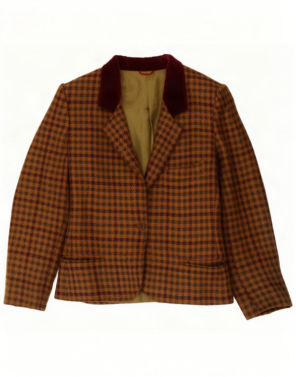 Jaqueta blazer feminina vintage com 1 botão Reino Unido 14 grande lã marrom houndstooth