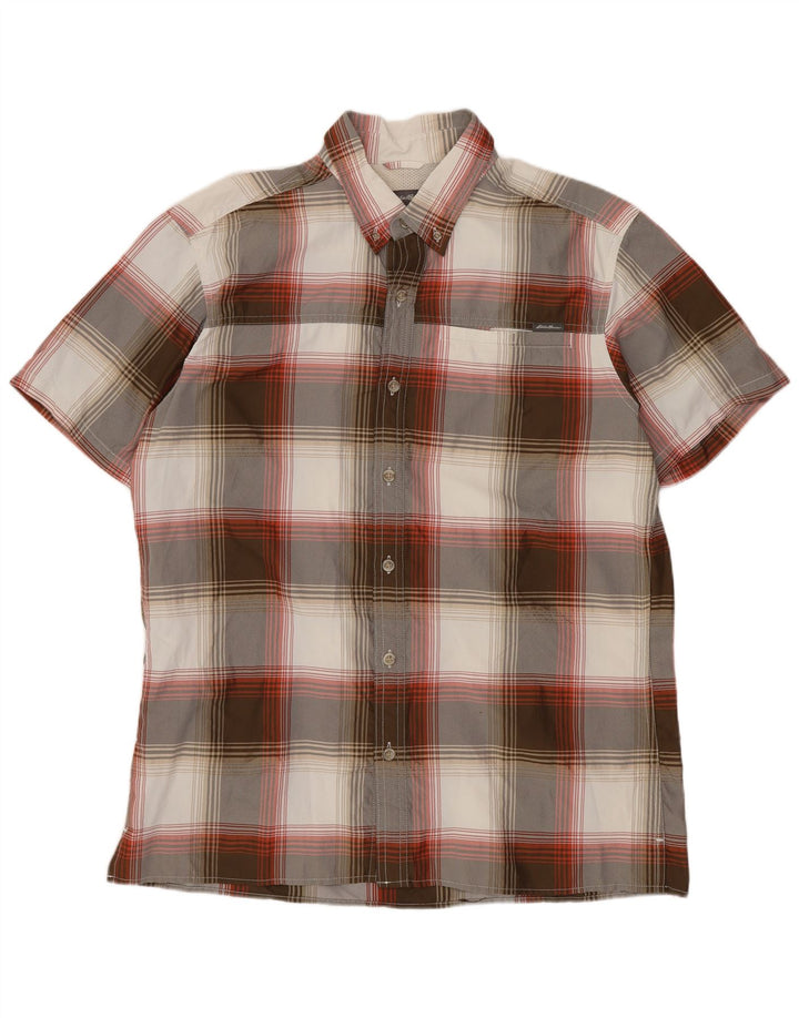 Camisa masculina de manga curta Eddie Bauer poliéster xadrez cinza médio