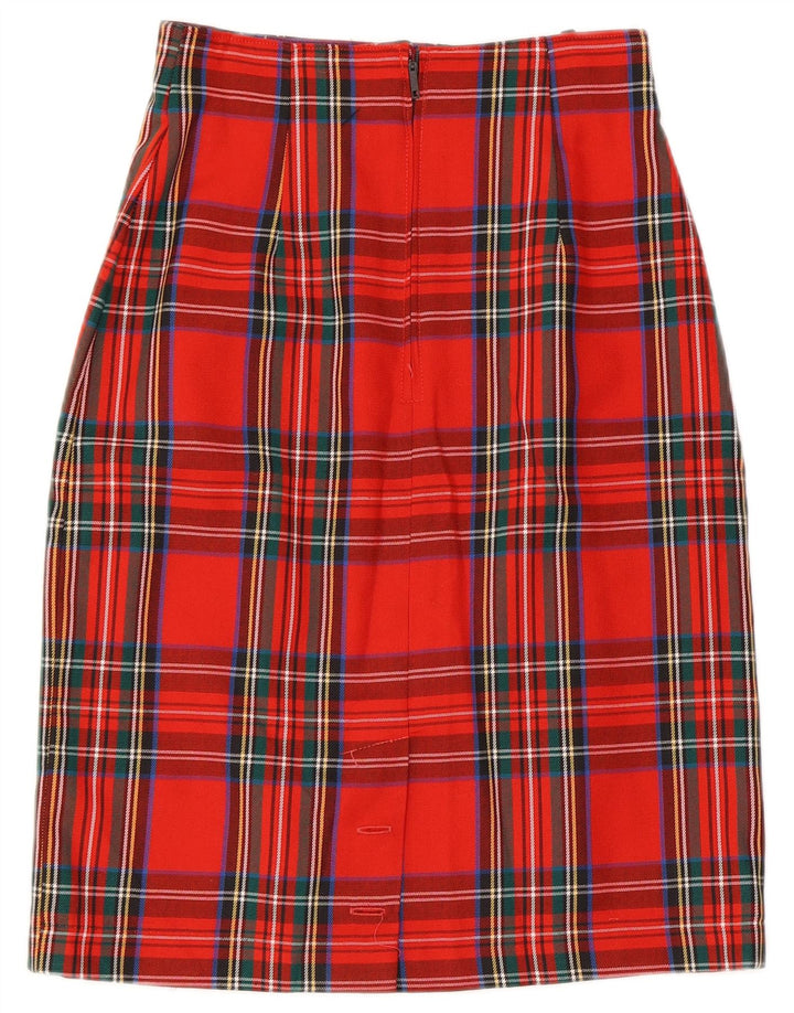 Saia lápis feminina vintage Reino Unido 9/10 pequena W26 poliéster xadrez vermelho