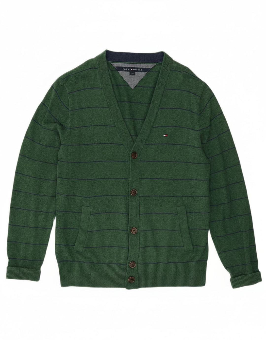 Suéter cardigã masculino Tommy Hilfiger algodão listrado verde médio