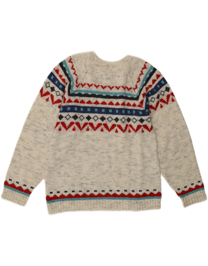 Suéter feminino vintage com gola redonda UK 12 cinza médio Fair Isle