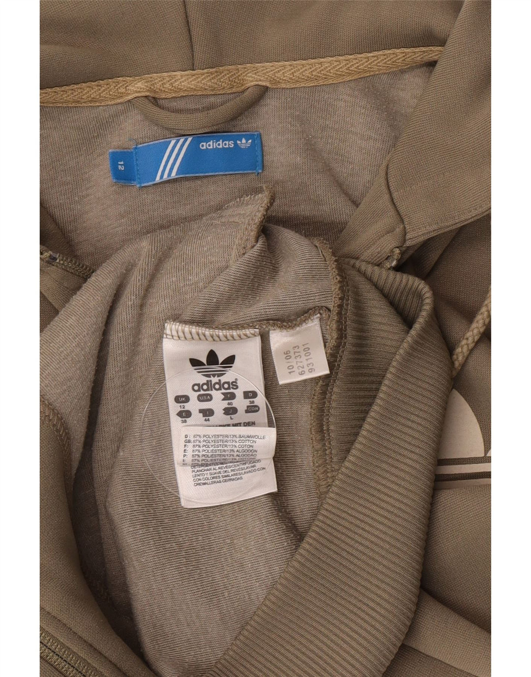 Suéter com capuz Adidas feminino com zíper UK 12 poliéster cáqui médio