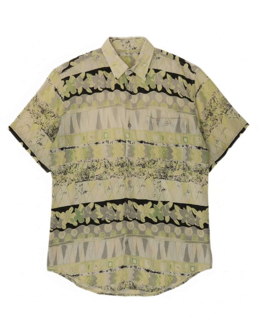 Camisa masculina vintage de manga curta verde médio geométrica