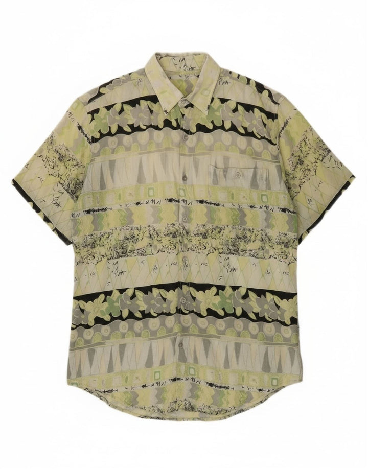 Camisa masculina vintage de manga curta verde médio geométrica