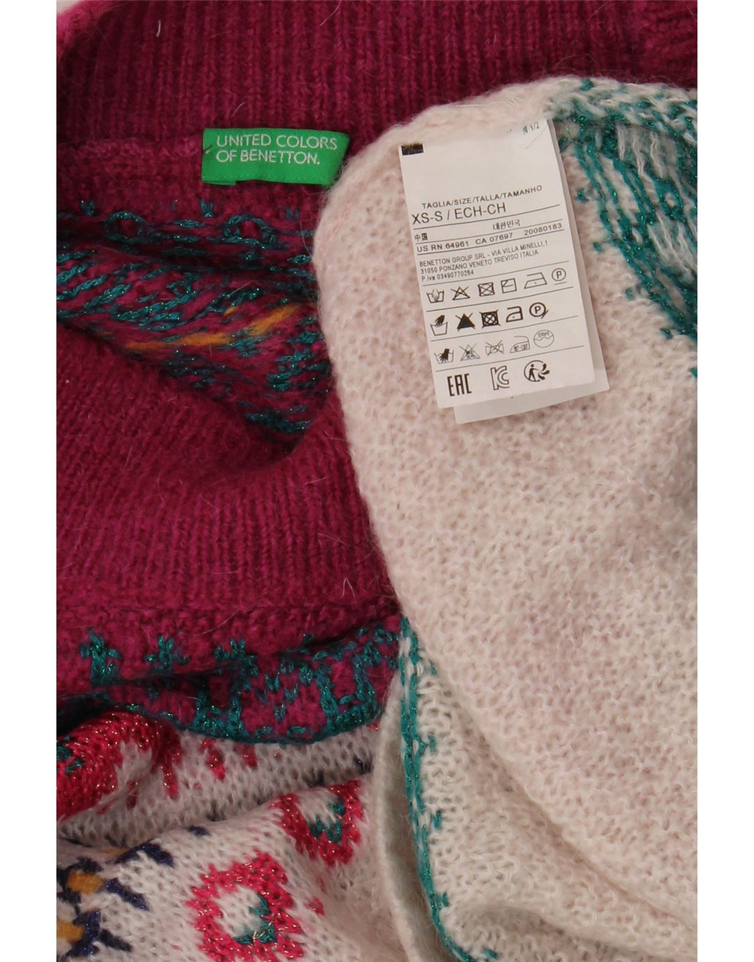 Suéter feminino BENETTON com gola tartaruga e gola redonda Reino Unido 6 XS Borgonha Fair Isle