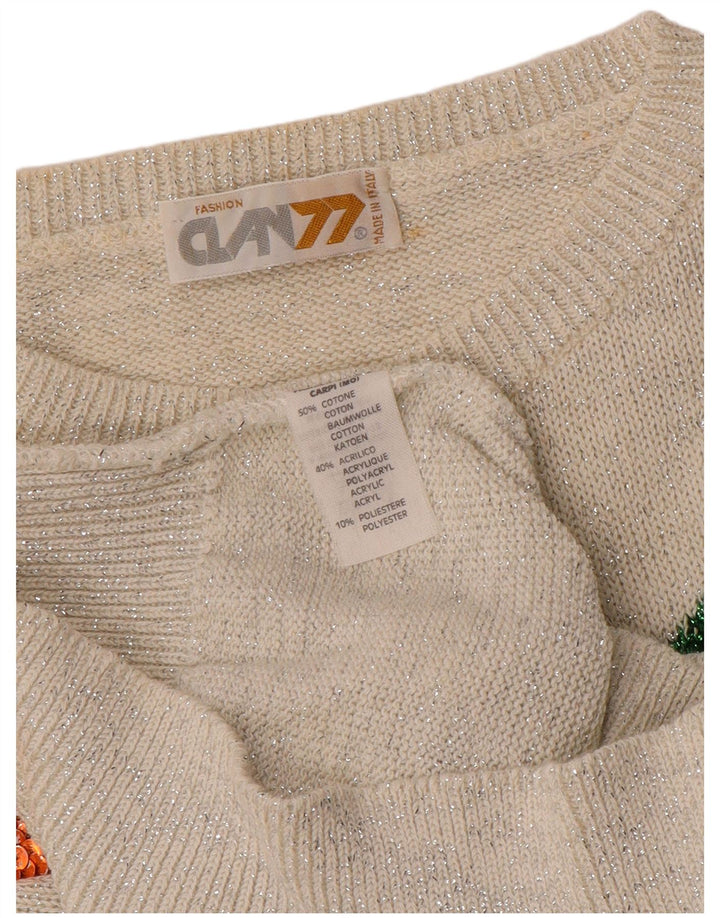 Suéter feminino VINTAGE com gola canoa Reino Unido 16 grande branco floral