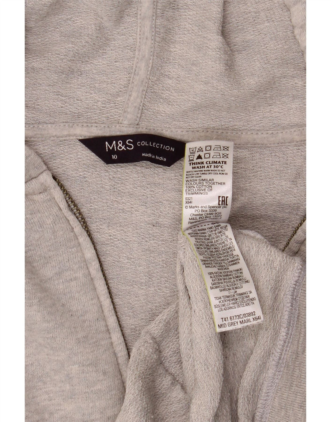 Suéter feminino Marks & Spencer com capuz e zíper grande Reino Unido 10 algodão cinza pequeno