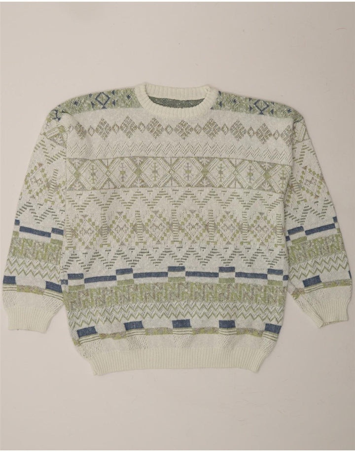 VINTAGE Mens Crew Neck Jumper Sweater XL White Geometric Cotton Vintage Vintage and Second-Hand Vintage from Messina Hembry 