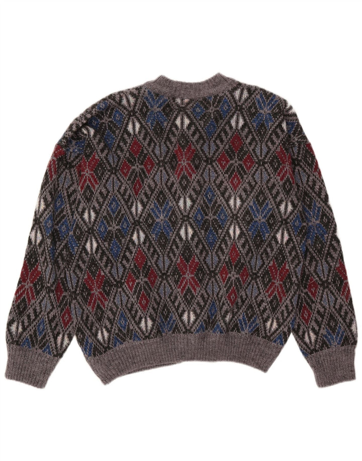 Suéter cardigã masculino vintage cinza médio Argyle/acrílico diamante