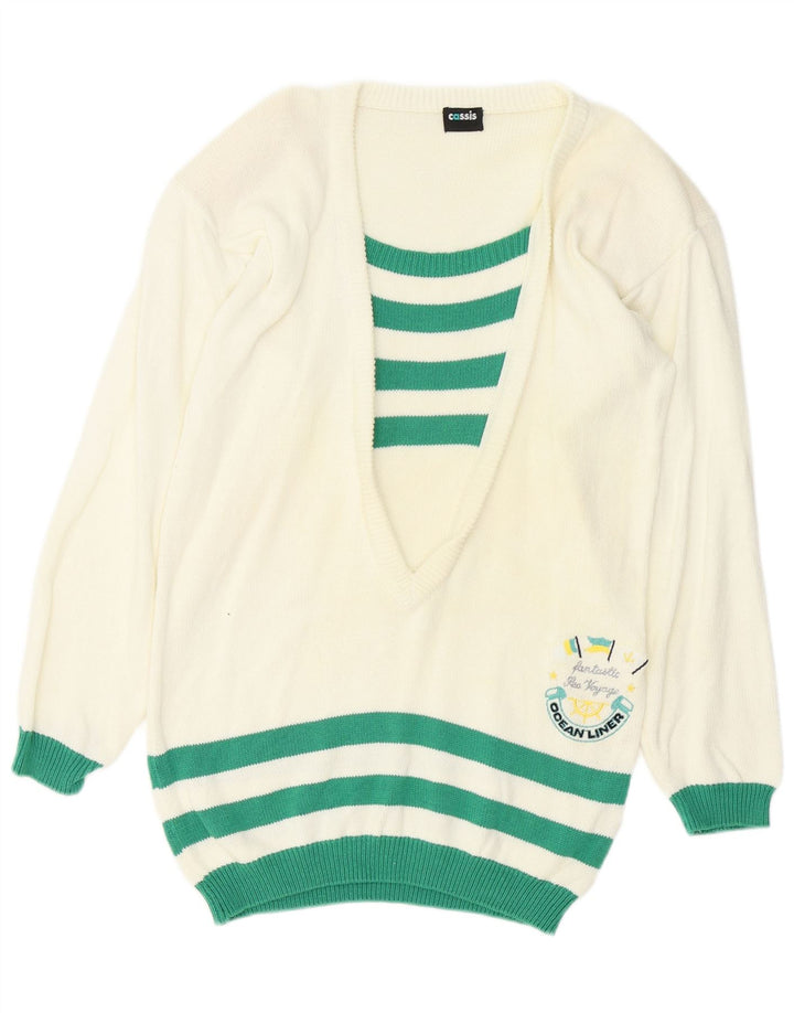 Suéter feminino vintage com gola canoa e listrado branco médio UE 38