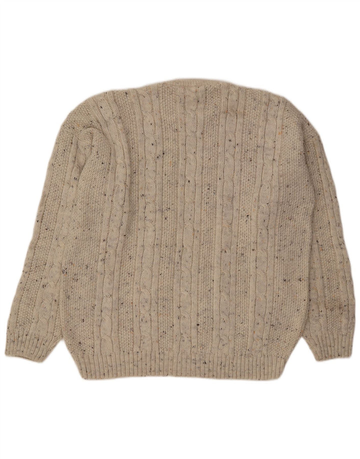 Suéter vintage masculino solto com gola redonda, médio esbranquiçado manchado