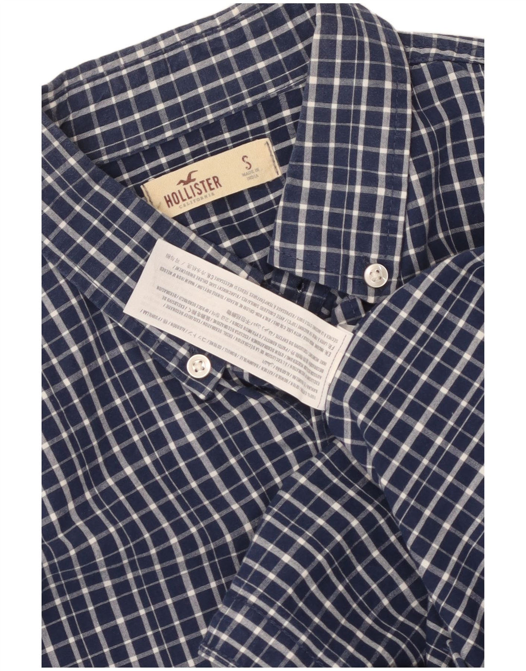 Camisa masculina Hollister pequena azul xadrez de algodão