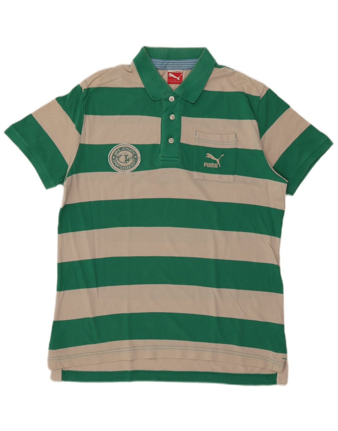 Camisa polo masculina Puma de algodão listrado verde médio