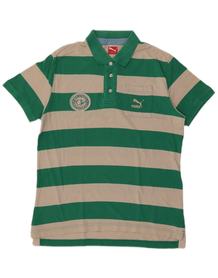 Camisa polo masculina Puma de algodão listrado verde médio