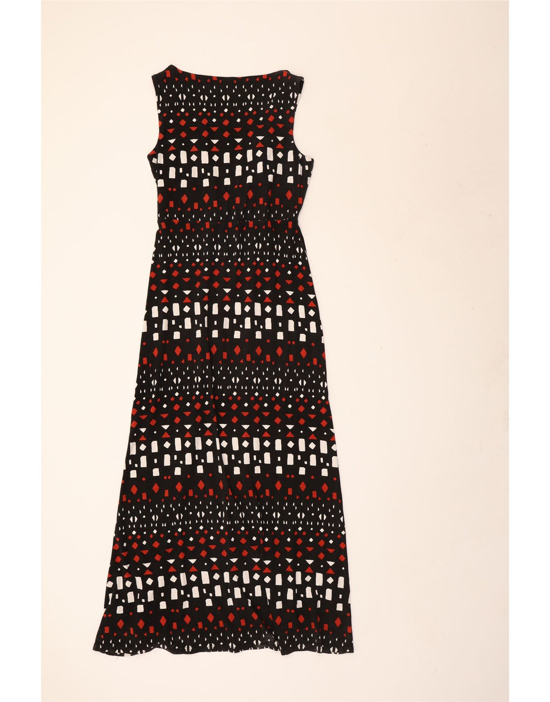 Vestido maxi feminino Jasper Conran sem mangas Reino Unido 12 médio preto geométrico