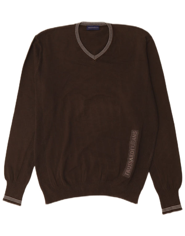 Trussardi Jeans Suéter masculino gráfico com decote em V XL algodão marrom