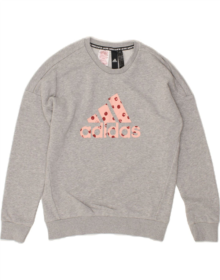 ADIDAS Girls Graphic Sweatshirt Jumper 11-12 Years Grey Cotton Vintage Adidas and Second-Hand Adidas from Messina Hembry 