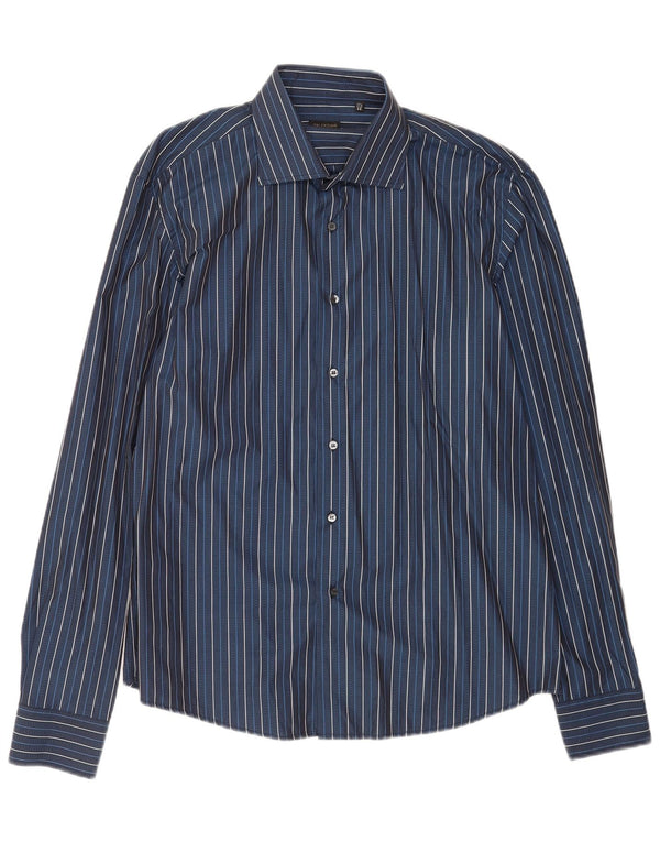 Camisa masculina Valentino Inter Fit tamanho 17 1/2 44 XL azul marinho listrado algodão