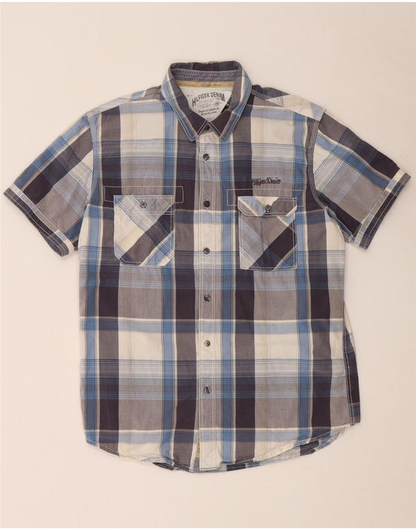 Tommy Hilfiger Camisa masculina de manga curta grande algodão xadrez azul