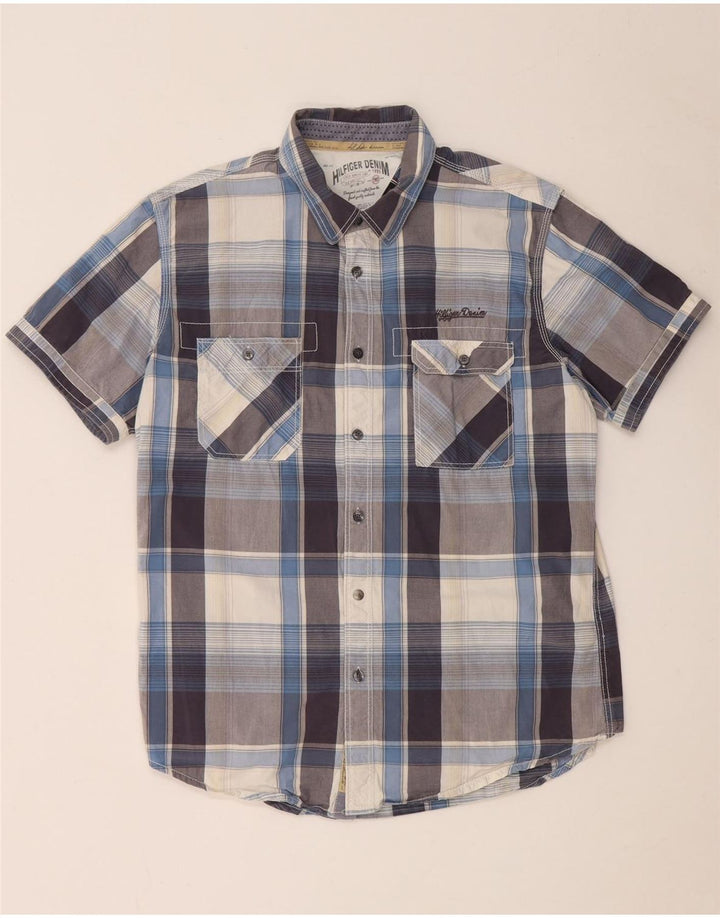 Tommy Hilfiger Camisa masculina de manga curta grande algodão xadrez azul