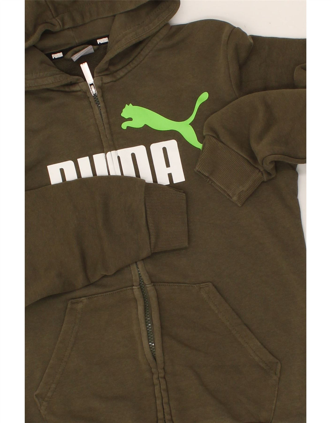PUMA Boys Graphic Zip Hoodie Sweater 11-12 Years Khaki Cotton Vintage Puma and Second-Hand Puma from Messina Hembry 