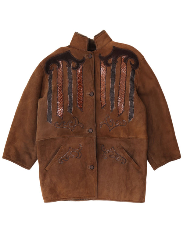 Casaco feminino vintage Trachten Shearling EU 44 XL marrom estampa animal