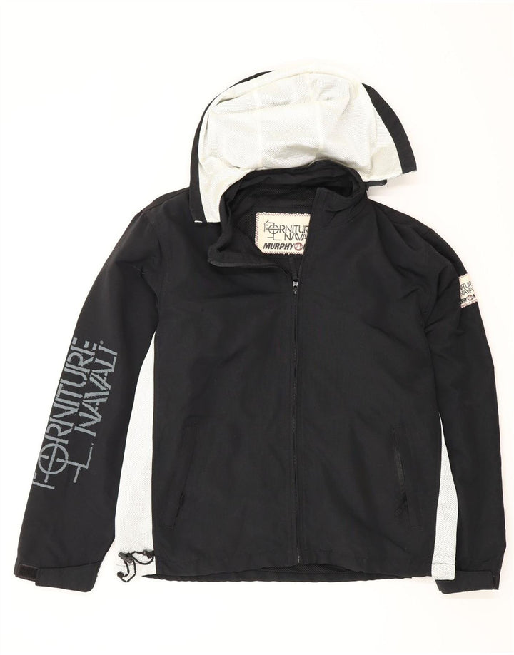 Jaqueta de chuva masculina Murphy & Nye com capuz gráfico Reino Unido 36 pequeno bloco colorido preto
