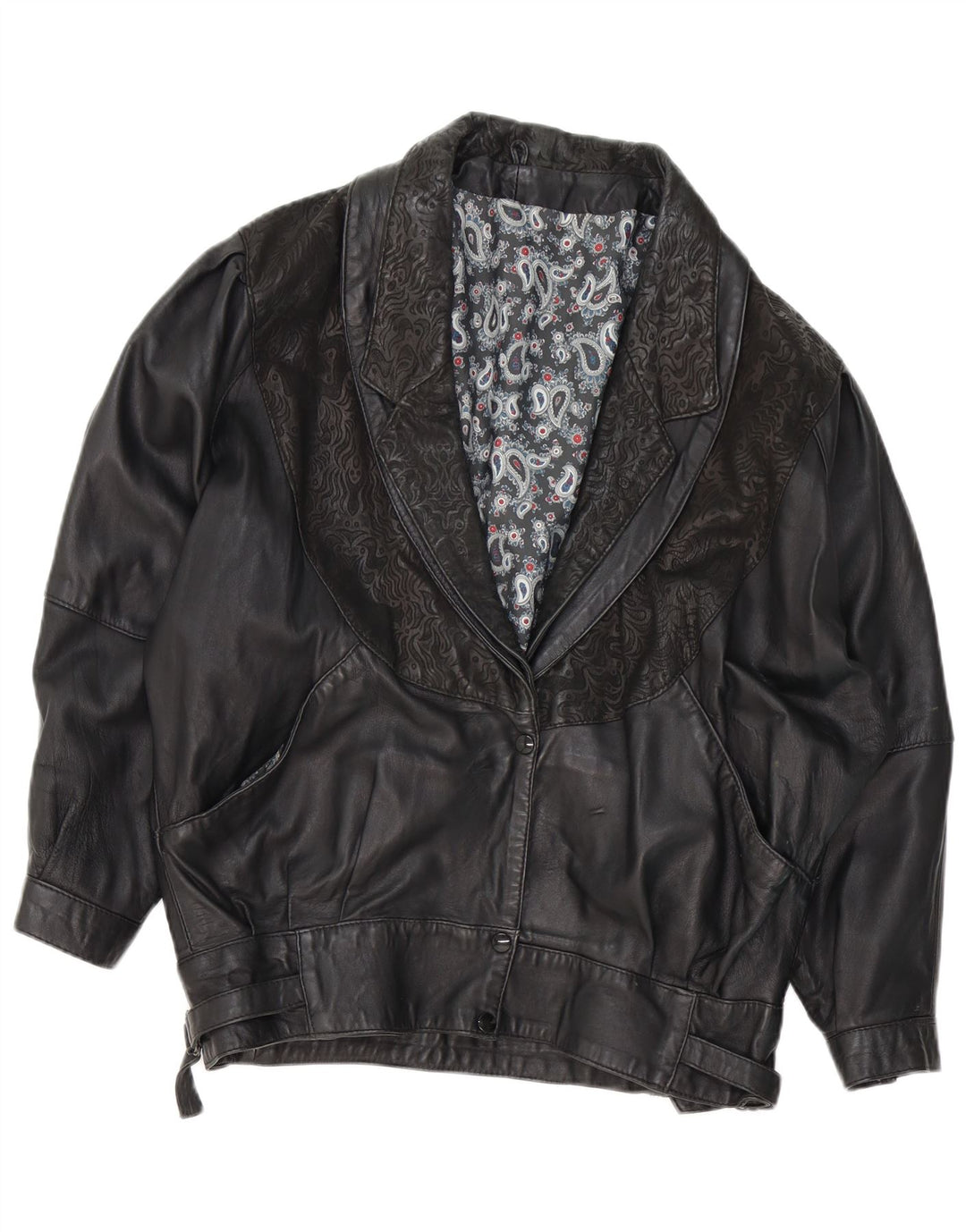 Jaqueta de couro feminina VINTAGE UK 18 XL preta Paisley
