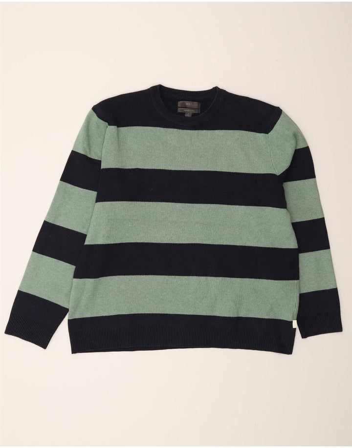 Suéter masculino Marks & Spencer com gola redonda XL listrado azul marinho