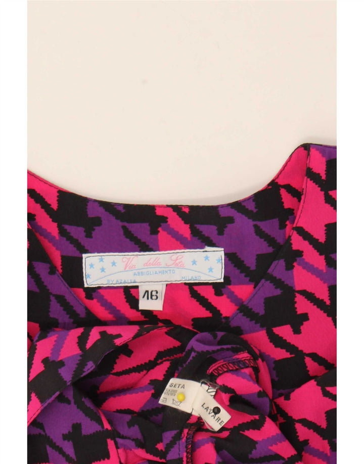 Blusa feminina vintage de grandes dimensões IT 46 grande seda houndstooth rosa