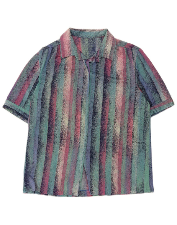 Camisa feminina vintage de manga curta UK 12 média listrada multicolorida retrô