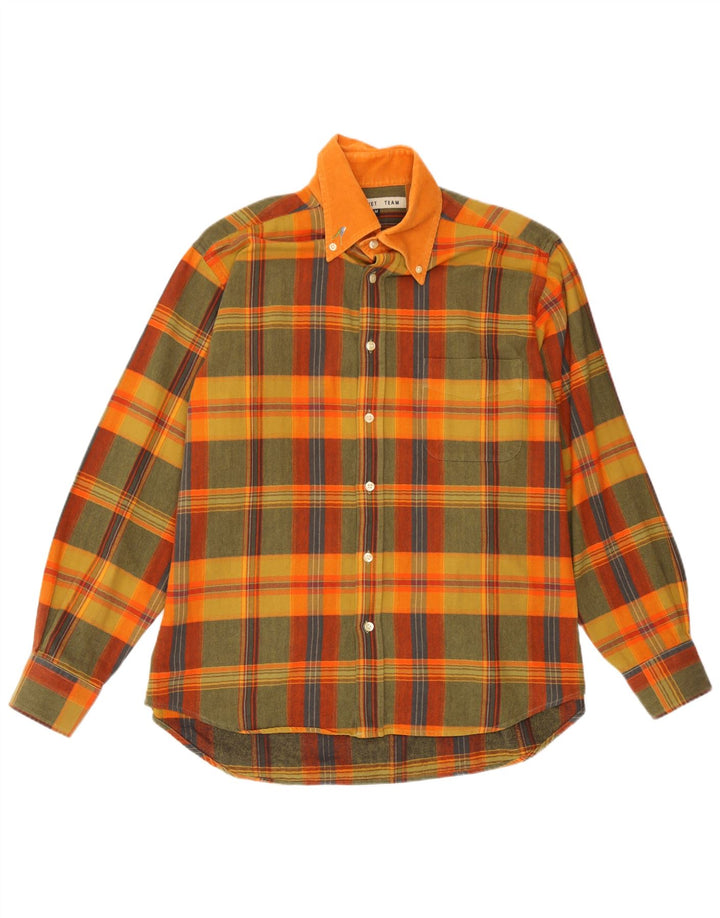 Camisa masculina vintage de flanela de algodão xadrez amarelo médio