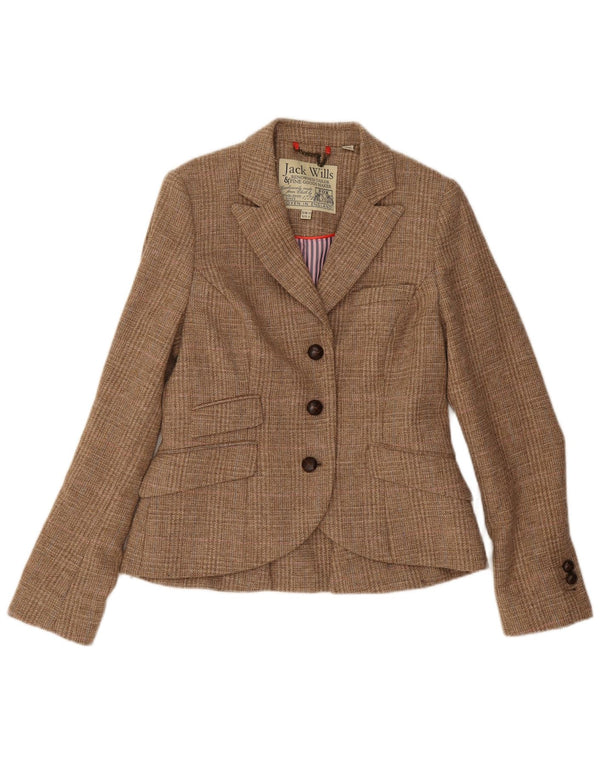 Jaqueta blazer feminina de 3 botões Jack Wills Reino Unido 10 pequena lã xadrez bege