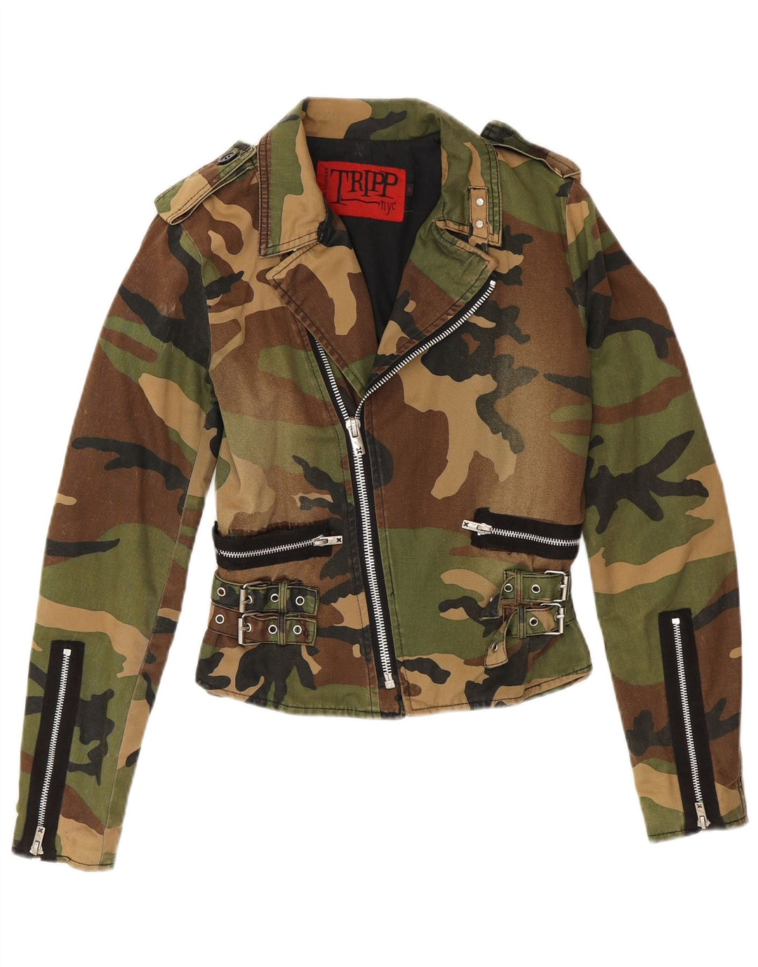 Jaqueta militar feminina TRIPP NYC UK 10 algodão camuflado cáqui pequeno