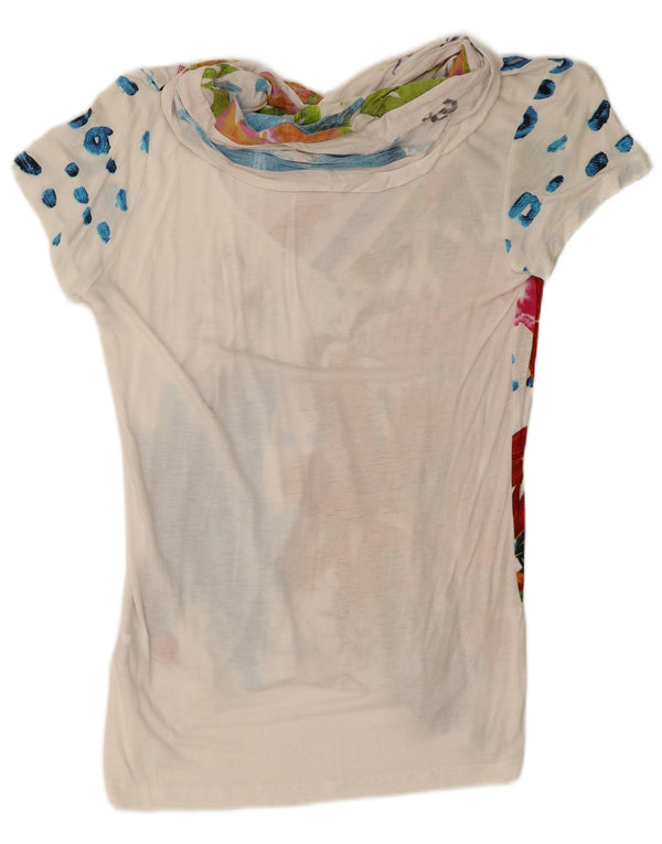 Camiseta feminina Desigual com estampa gráfica UK 14 grande viscose branca