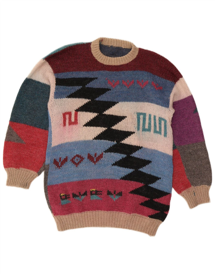 Suéter feminino vintage com gola redonda UK 14 médio multicolorido